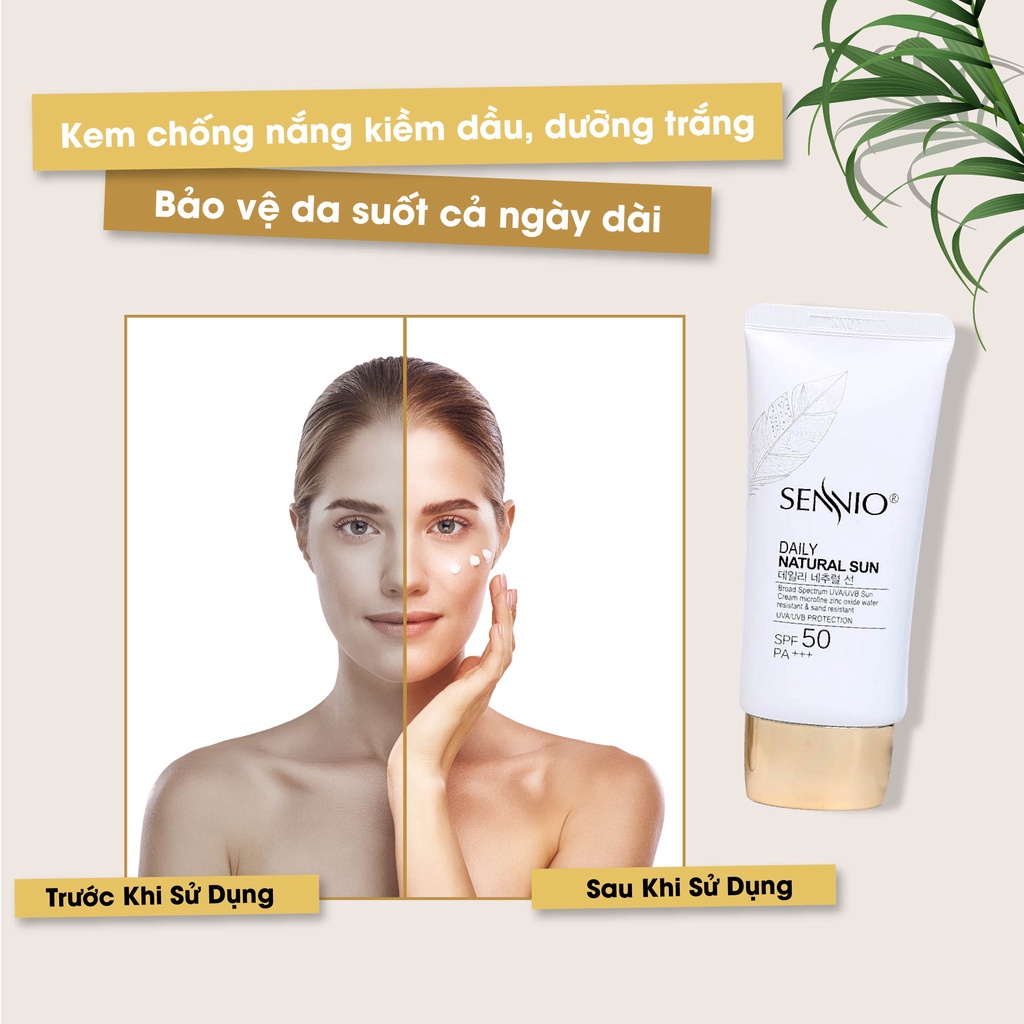Kem chống nắng kiềm dầu Sennio Daily Natural Cream SPF 50 PA+++ dưỡng trắng da phù hợp cho da dầu mụn 50ml SNO 803