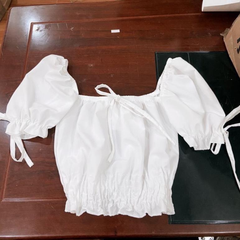 [RẺ VÔ ĐỊCH] Áo Sơ Mi Nữ Tay Bồng Dáng Croptop, Áo Croptop Trễ Vai Nơ Ngực Ulzzang A02