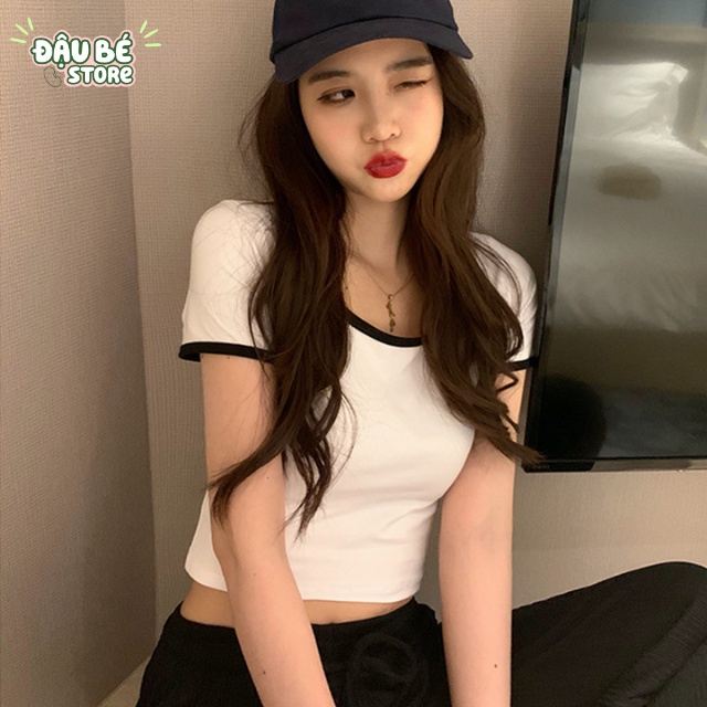 Áo Croptop Body Cộc Tay Cổ Tròn Ulzzang - Áo Thun Tay Ngắn Màu Trơn Viền Màu Co Giãn Thoáng Mát - Daube - A032