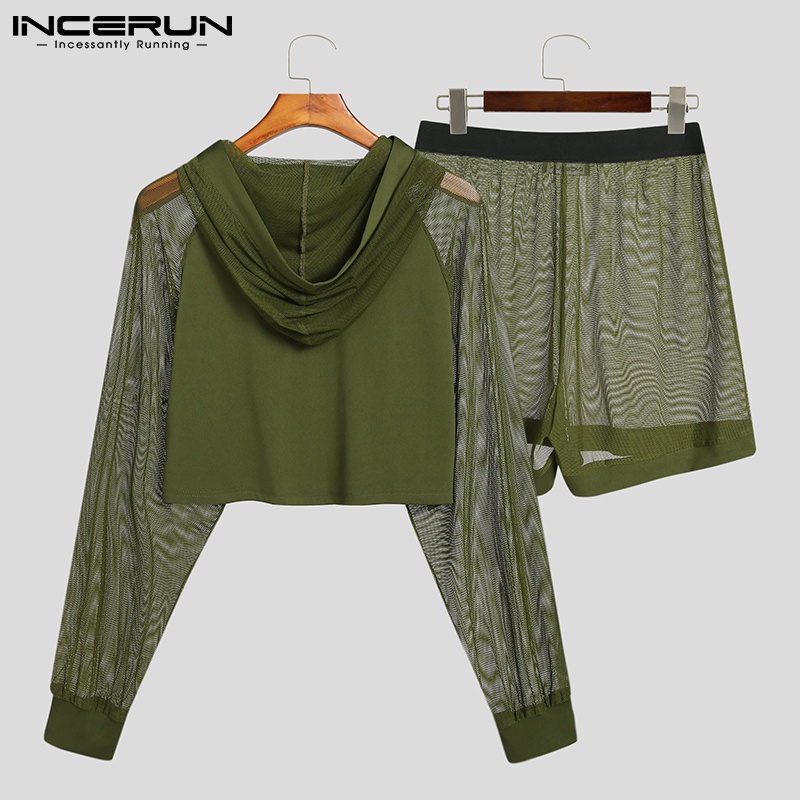 Set đồ thời trang INCERUN gồm áo croptop dài tay có mũ trùm đầu + quần short dạng lưới trong suốt cho nam