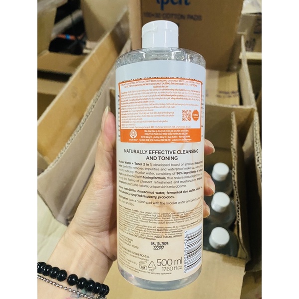 [ Tặng bông tẩy trang 100 miếng] Nước tẩy trang Eveline Rich Coconut dưỡng ẩm tinh dầu dừa 2 tác động 500ML