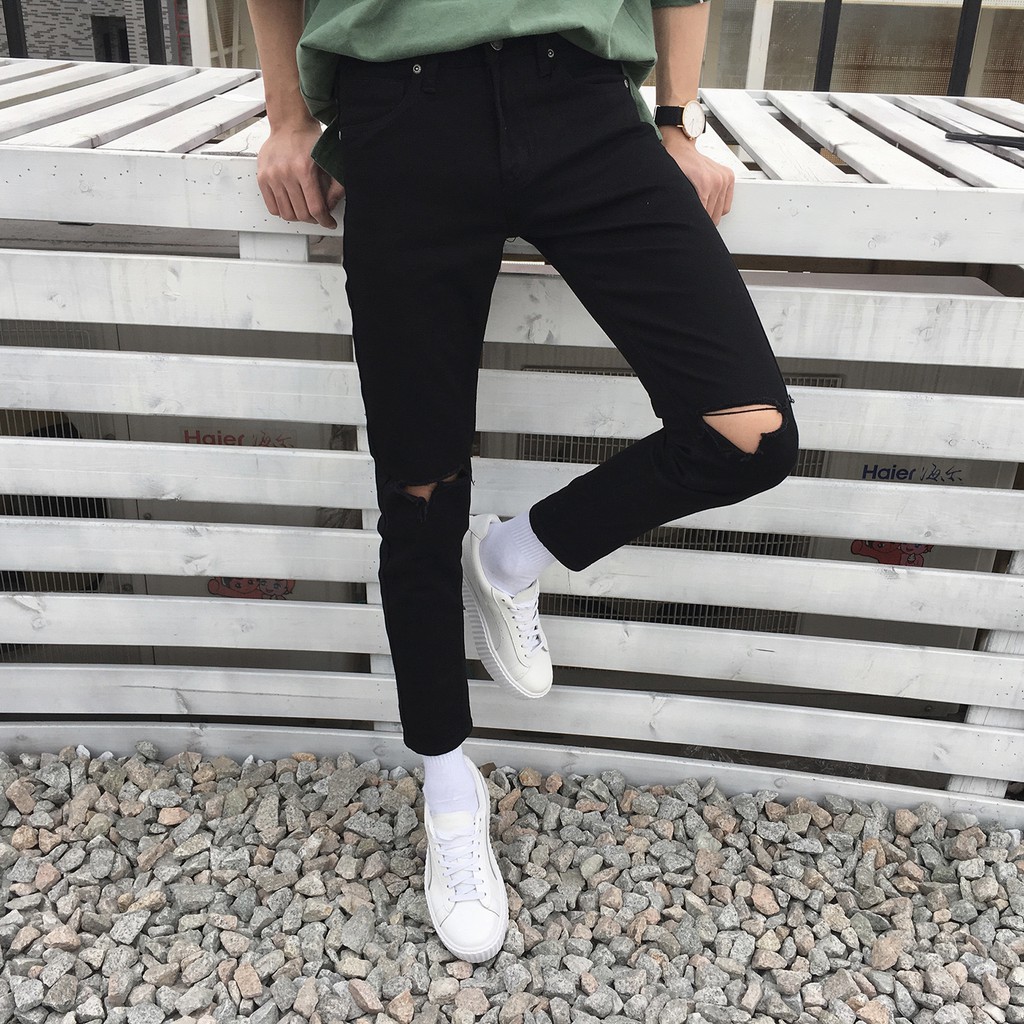 [Tiền Nào Của Đấy]Quần Jean Nam Rách Gối Màu Đen Vải Co Giãn, Không Phai Màu Dáng Skinny Phong Cách Hàn Quốc-J04