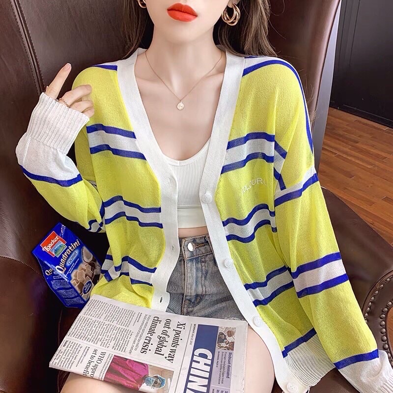 Áo khoác cardigan len mỏng sọc ngang phối màu nổi bật