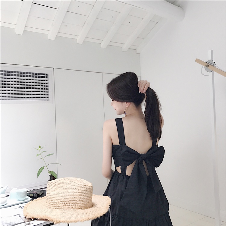 Đầm đi biển SUXI hở lưng màu trơn cột nơ phong cách Hàn Quốc thời trang mùa hè