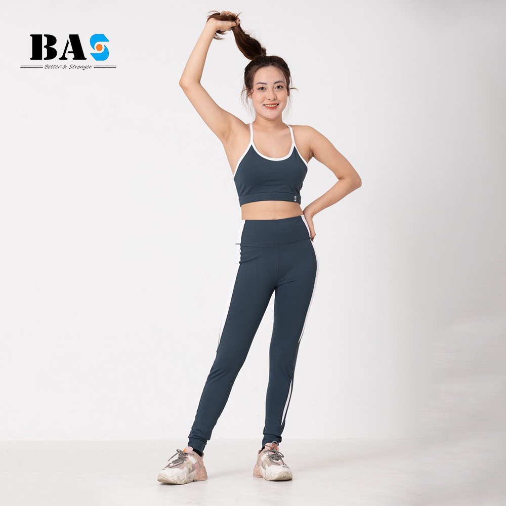 Set đồ tập yoga gym nữ vải thun cao cấp BAS bra 2 dây cách điệu phối legging lưng cao tôn dáng - S40039