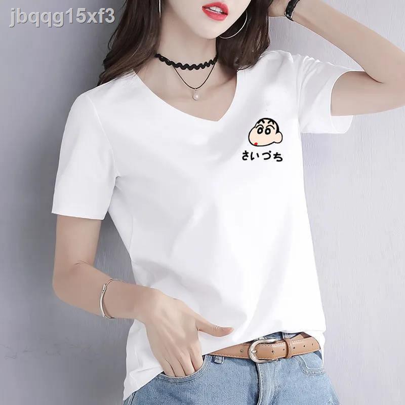 ❡❁thuần cotton áo thun trắng đen nữ ngắn tay cổ chữ V tim rời sơ mi nửa đơn giản mùa hè in kết hợp