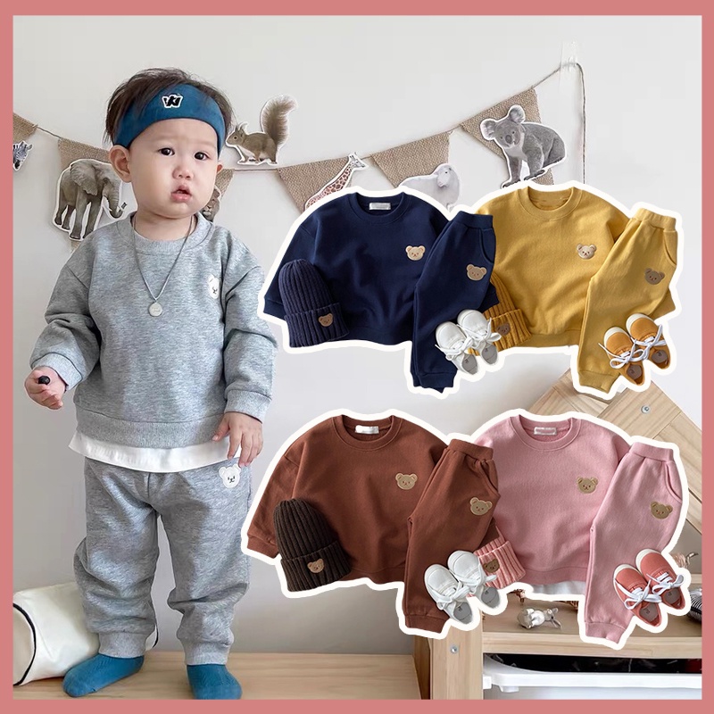 Set Đồ Mùa Đông 1 Món Gồm Áo Sơ Mi Tay Dài Màu Trơn In Hình Gấu + Quần Dài Dễ Thương Cho Bé