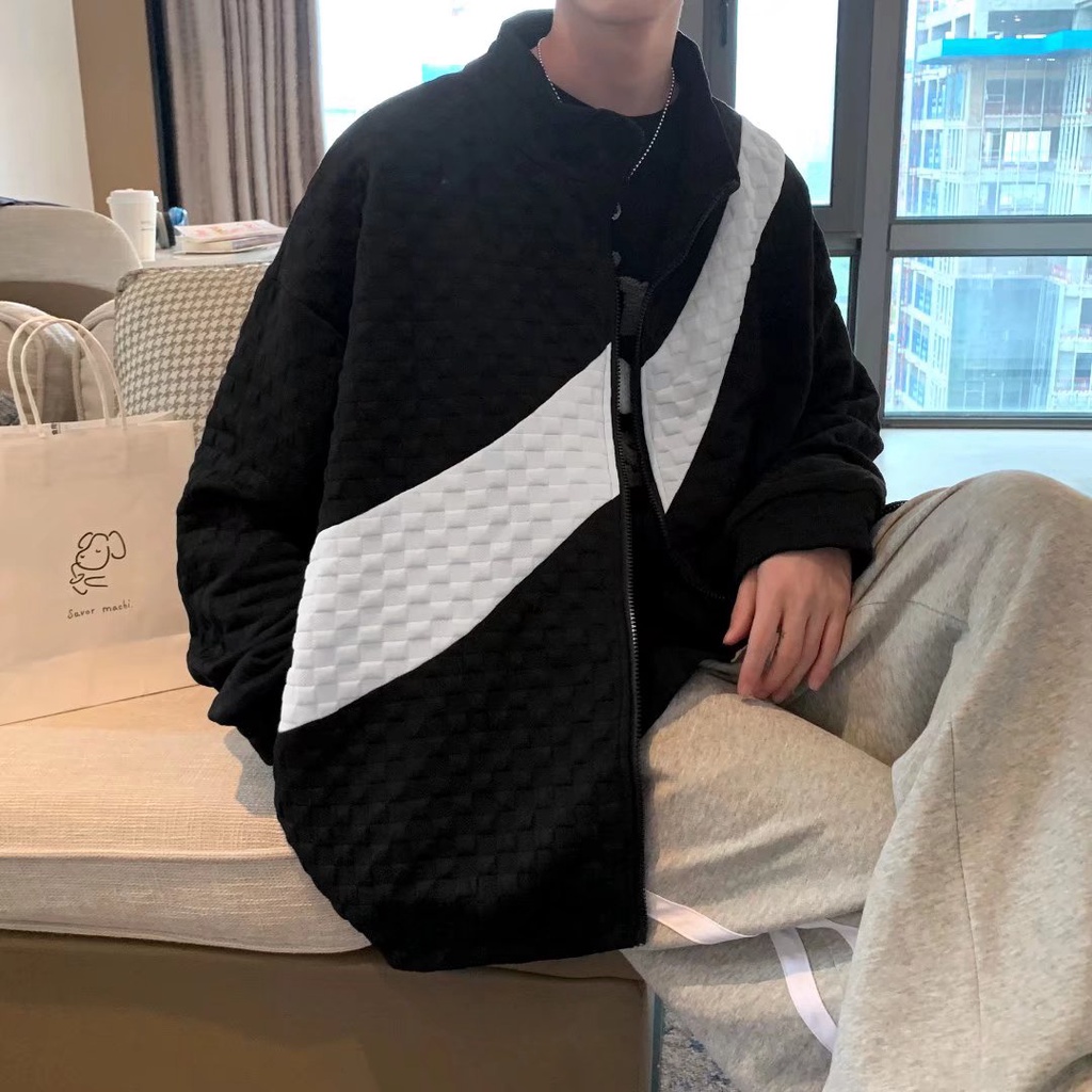 Áo khoác cardigan len cổ đứng dáng rộng phối khóa kéo phong cách đường phố Hàn Quốc cá tính dành cho nam