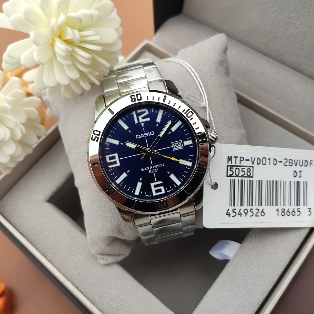 Đồng hồ nam Casio 💖𝐅𝐑𝐄𝐄𝐒𝐇𝐈𝐏💖 Đồng hồ Casio MTP-VD01D dây thép size to