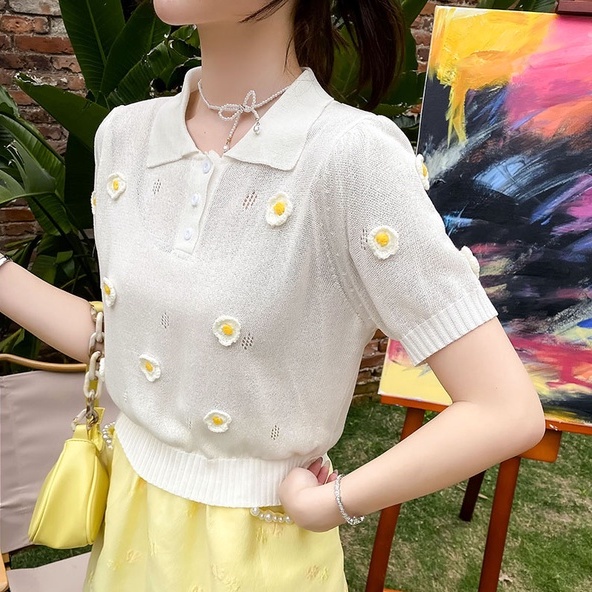 Áo ZHELIHANGFEI cổ polo ngắn tay họa tiết hoa ba chiều thời trang