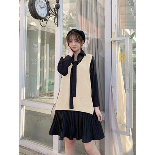 Set gile len váy dập ly nhỏ nơ cổ