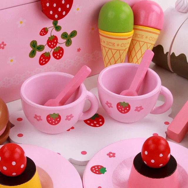 [FREE GÓI QUÀ] Bộ đồ chơi tiệc trà dâu tây hồng mô phỏng MortherGarden bằng gỗ cao cấp cho bé- Đồ chơi nhà bếp