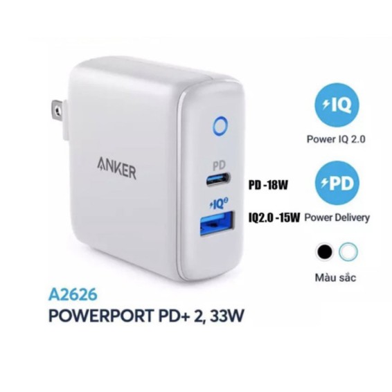 Củ sạc nhanh Anker powerport 2+ PD 33W a2626 Type C + USB cho iphone 8 X 11 12 và samsung