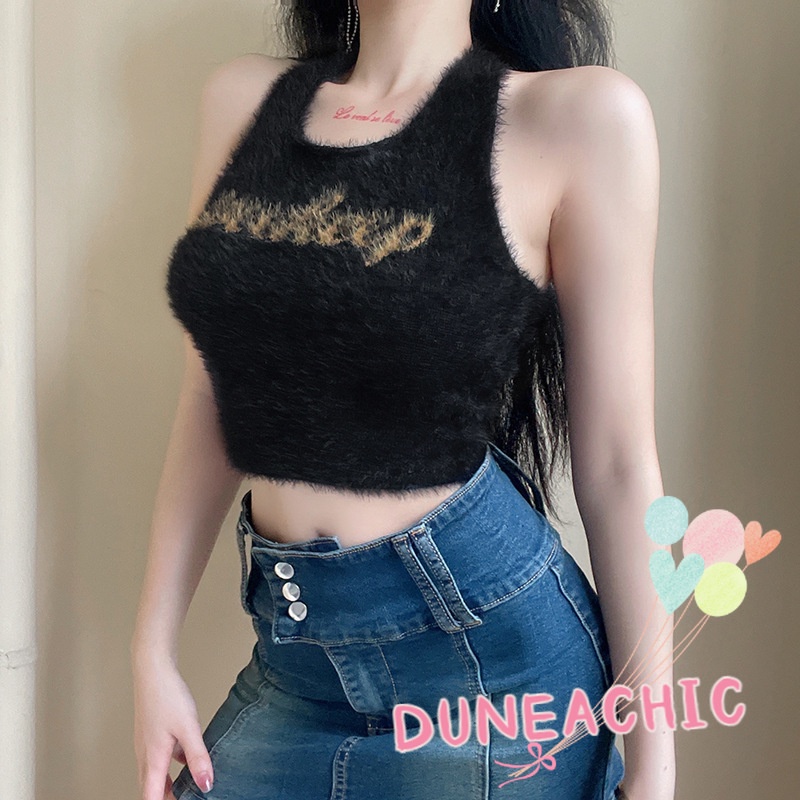DUNEA Áo Tank Top Dệt Kim In Chữ Kiểu Vintage Cá Tính Cho Nữ