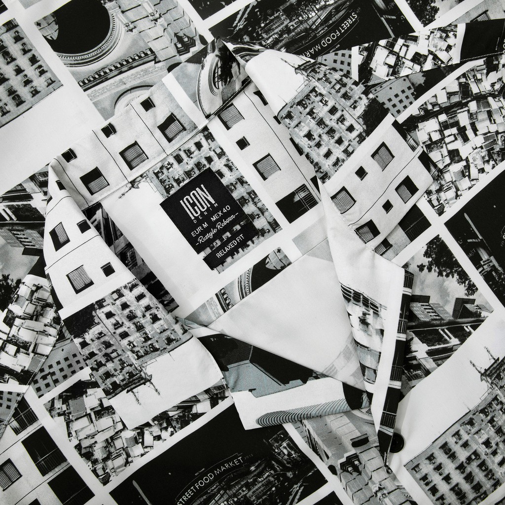 Áo Sơ Mi Nam Tay Ngắn ICON DENIM Cổ Danton Họa Tiết Sài Gòn In Trắng Đen Vải Chun Chéo Mềm Mát | BigBuy360 - bigbuy360.vn