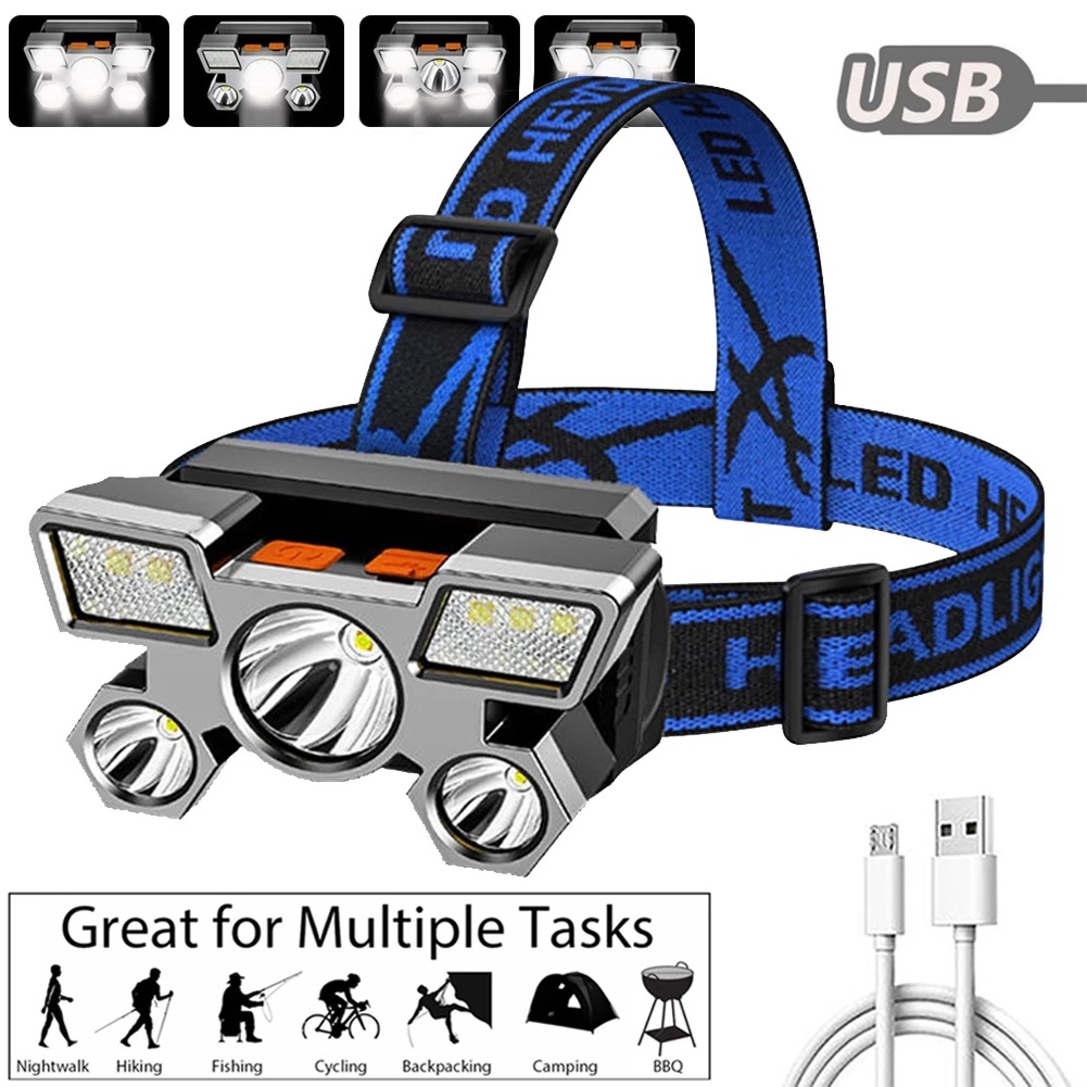 Đèn LED Đeo Đầu 5 Bóng Siêu Sáng Chống Thấm Nước Có Thể Sạc Lại Bằng Cổng USB 4 Chế Độ
