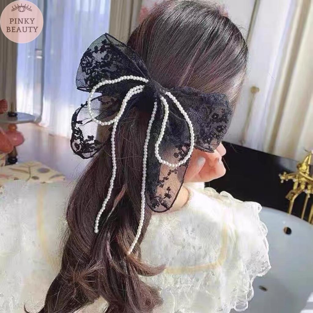 Kẹp Tóc Hình Nơ Phối Ren Đính Ngọc Trai Nhân Tạo Kẹp Nơ Tiểu Thư Phong Cách Hàn Quốc Xinh Xắn Dễ Thương - Pinky Beauty