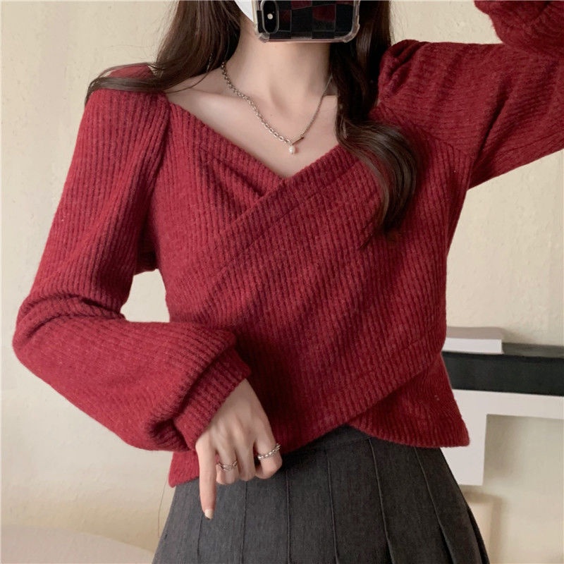 Áo thun tay phồng dài cổ chữ V màu trơn thời trang thu đông cho nữ