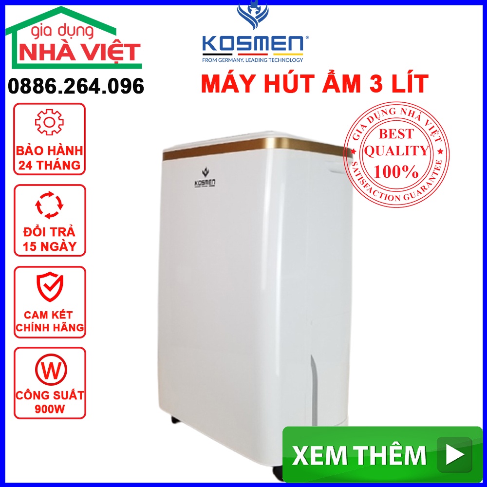 Máy hút ẩm KOSMEN, Máy hút ẩm không khí dung tích 8 lít, bảo hành 24 tháng, lỗi đổi mới trong 30 ngày mã KM-12N