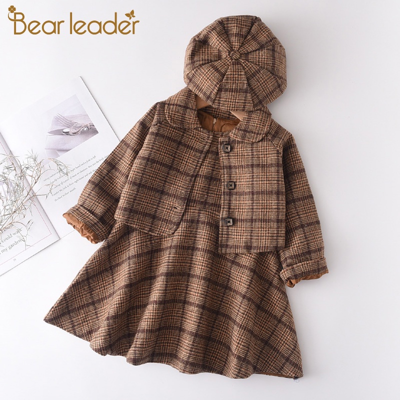 Set đầm + áo khoác len + nón BEAR LEADER phong cách thời trang thu đông dành cho bé gái Melario