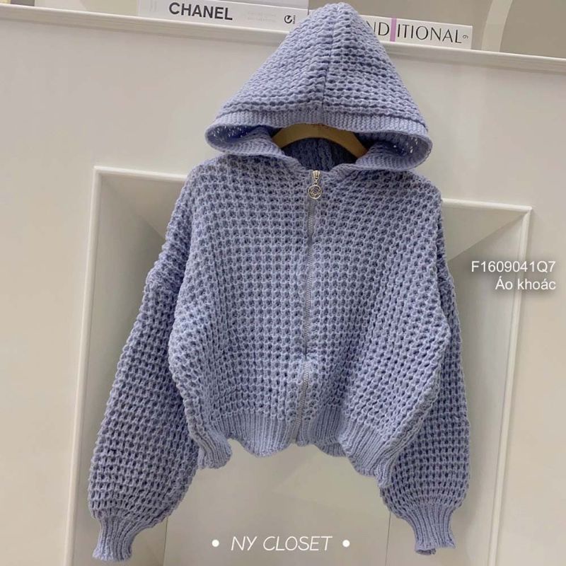 Áo khoác len dây kéo lai lượn sóng có nón hàng Quảng Châu 1609