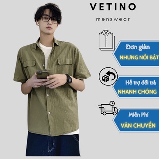 Áo sơ mi đũi nam VETINO Áo đũi nam cổ bẻ cộc tay thời trang