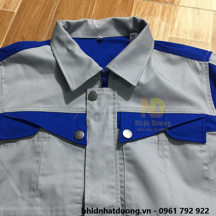 Quần áo bảo hộ lao động nam nữ đồng phục nam nữ ghi xám phối xanh vải pangrim PR03 - Nsafe