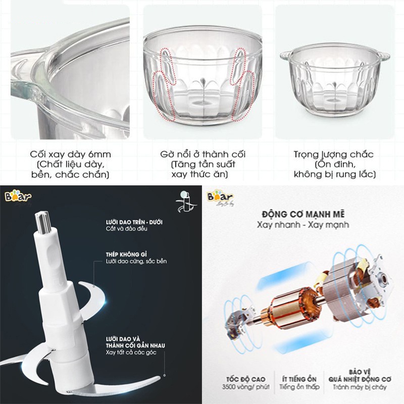 Máy Xay Bear QSJ-C04R8S Kèm Cối Thủy Tinh 2,5L Công Suất 350W Xay Thịt, Xay Thực Phẩm, Xay Sinh Tố