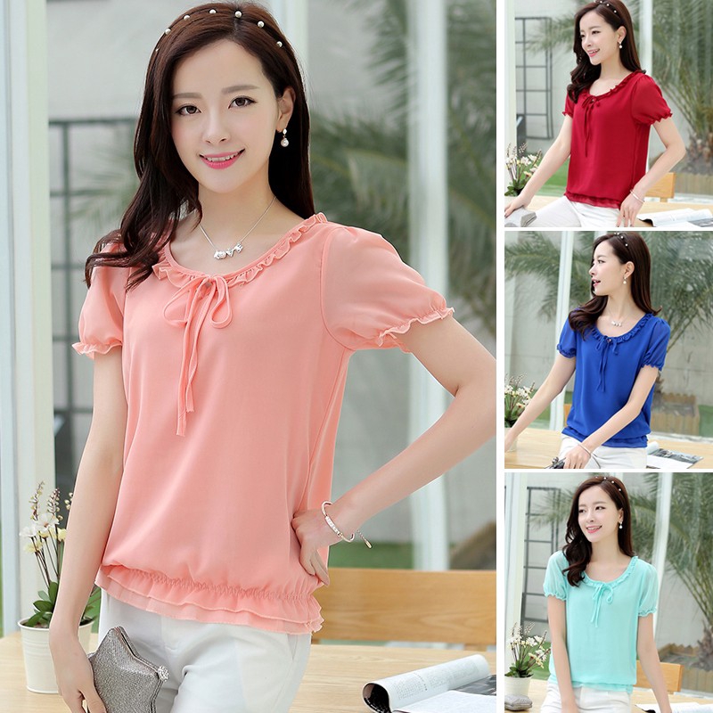 Korean Fashion Summer Style Tops Casual Short Sleeve Chiffon Blouse Women Plus Size Blouses