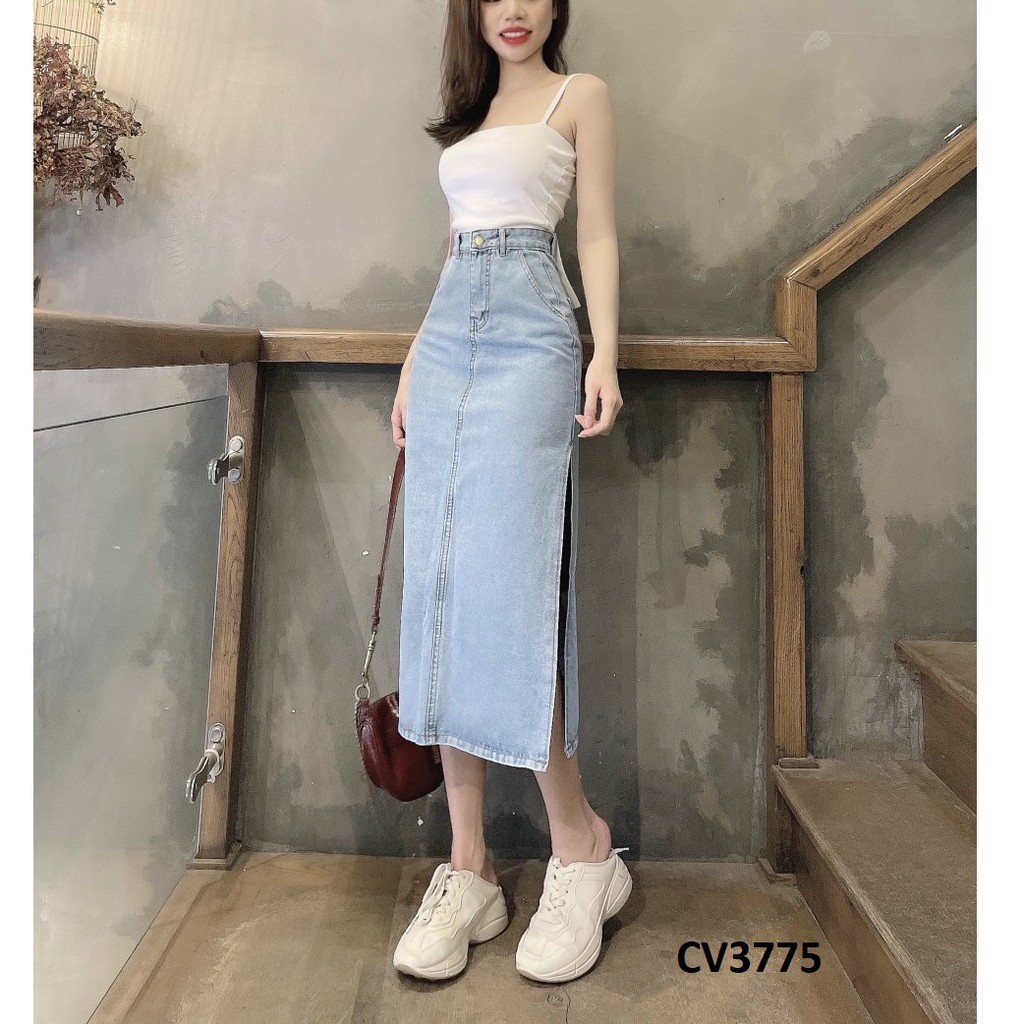 Chân váy jean dáng dài xẻ bên CV3775