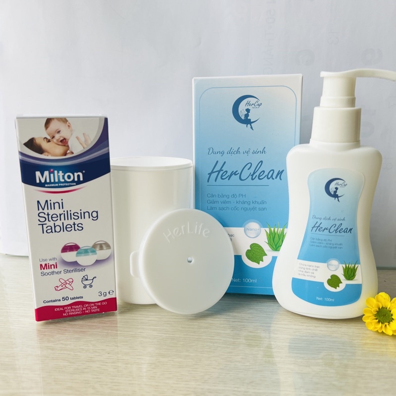 Bộ tiệt trùng Cốc nguyệt san ( Dung dịch vệ sinh, viên tiệt trùng Milton, Cốc tiệt trùng Herlife)