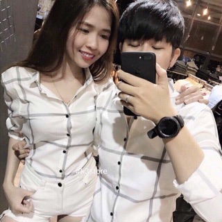 Sơ mi lụa bóng ca rô cặp nam nữ