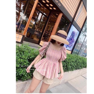 Áo kẻ nhún ngực peplum