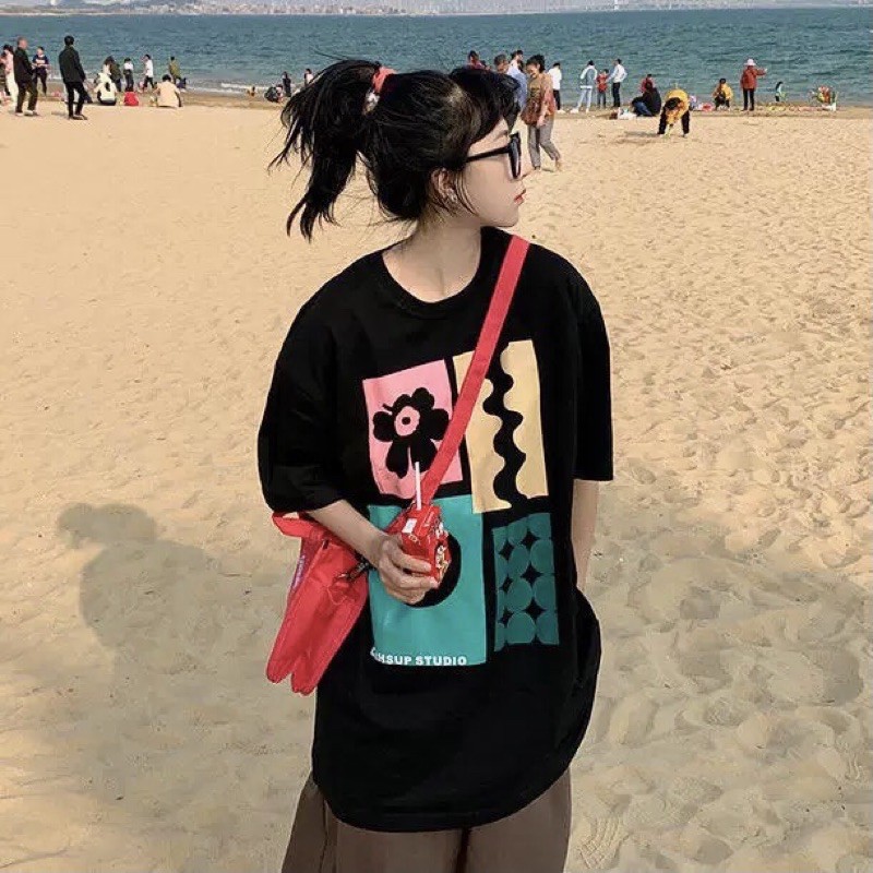 Áo Thun Tay Lỡ Unisex Nữ In Hình Hoạ Tiết Ngộ Nghĩnh, Áo Phông Dáng Suông Thụng Form Rộng Basic Thấm Hút