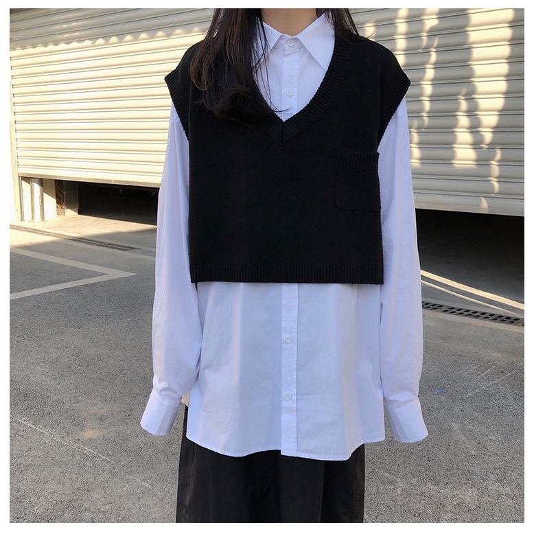 Áo sweater dệt kim sát nách cổ chữ V dáng rộng xẻ tà thời trang dành cho nữ