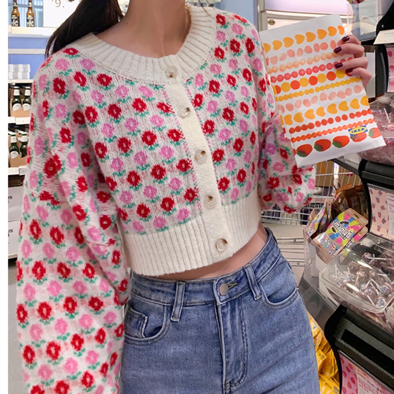 Áo khoác len cardigan họa tiết hoa ngọt ngào