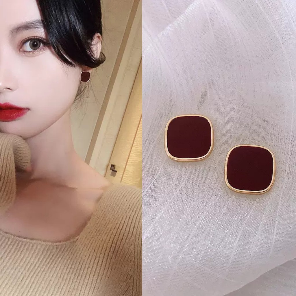 Bông tai tròn vuông đá màu đỏ đậm bạc 925
