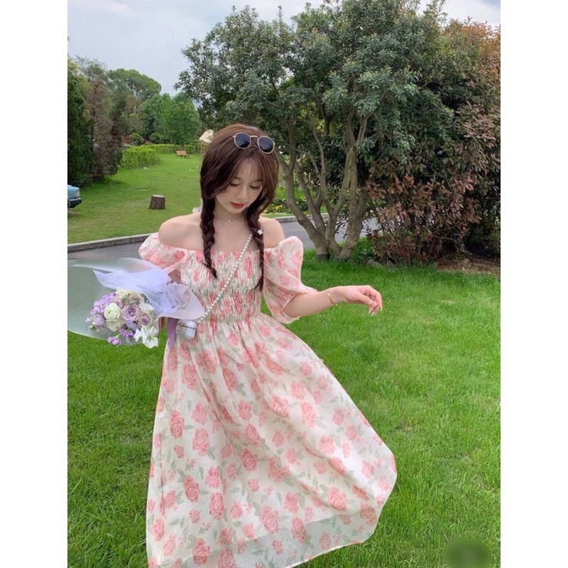 [NEW/SẴN] VÁY ĐẦM HOA HỒNG CHUN NGỰC TAY BỔNG MẶC 2 KIỂU “MYLI DRESS” TRỄ VAI TIỂU THƯ