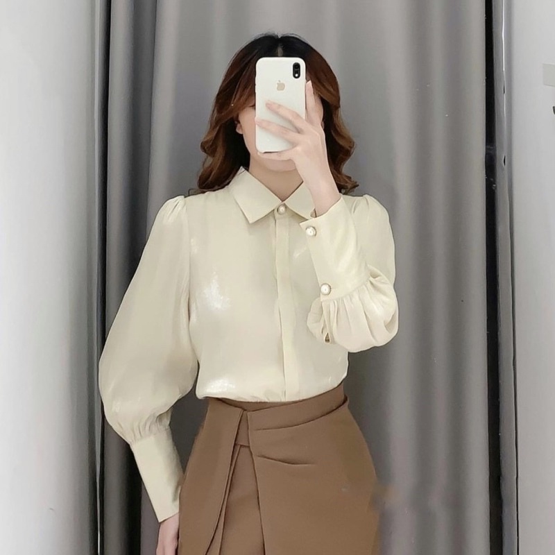 Áo sơ mi lụa dài tay phong cách công sở hàn quốc chất liệu lụa trai mềm mịn không nhăn nhàu cổ ngọc sang chảnh A24
