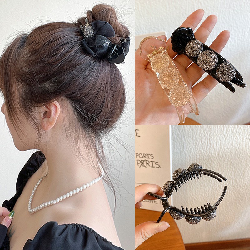 KCC05 Kẹp tóc cào 3 răng đính đá lấp lánh đính nơ xinh