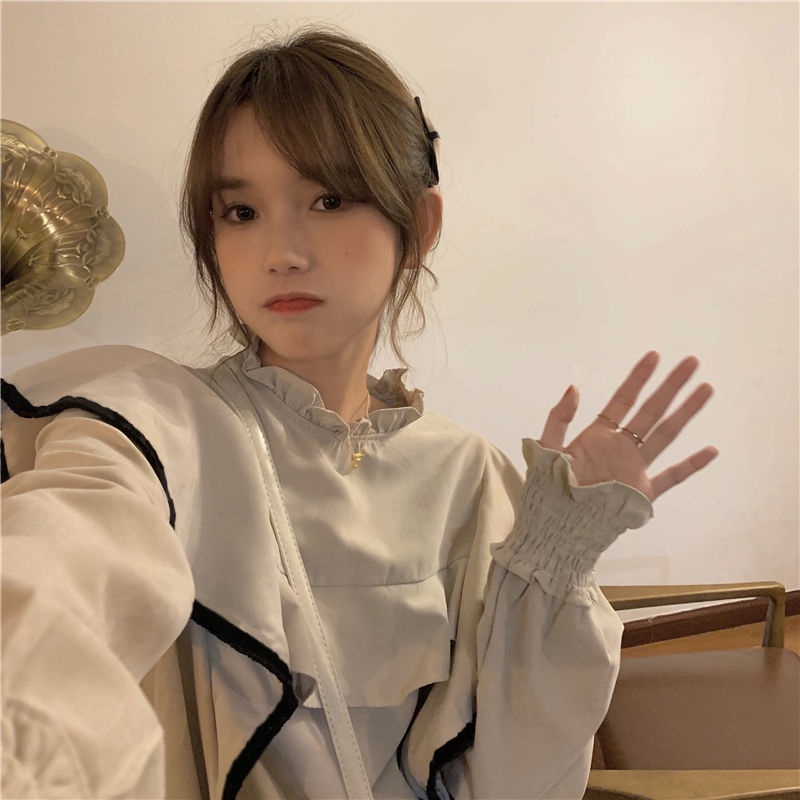 Áo kiểu tay dài cổ đứng phối bèo thời trang thu đông phong cách Pháp 2021 cho nữ