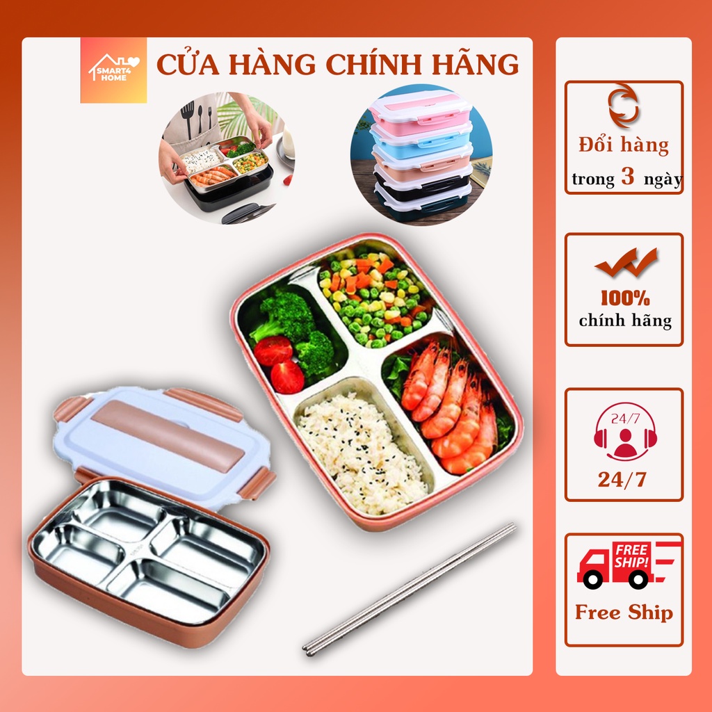 Hộp Đựng Cơm Văn Phòng, Hộp Cơm Giữ Nhiệt Cao cấp 4 Ngăn INOX 304 không gỉ TẶNG kèm thìa đũa an toàn sức khỏe