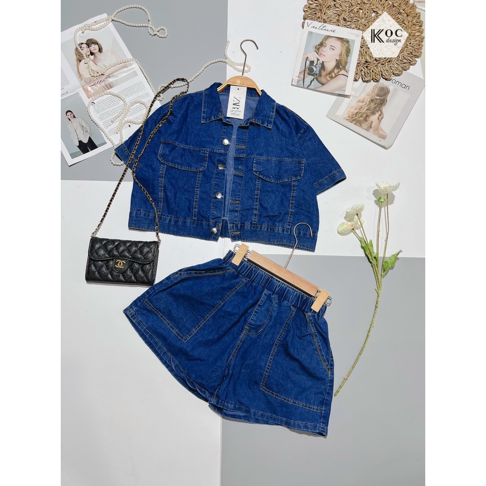 Set bộ jeans áo sơ mi tay ngắn túi ngực phối quần short cạp cao cực kì trẻ trung