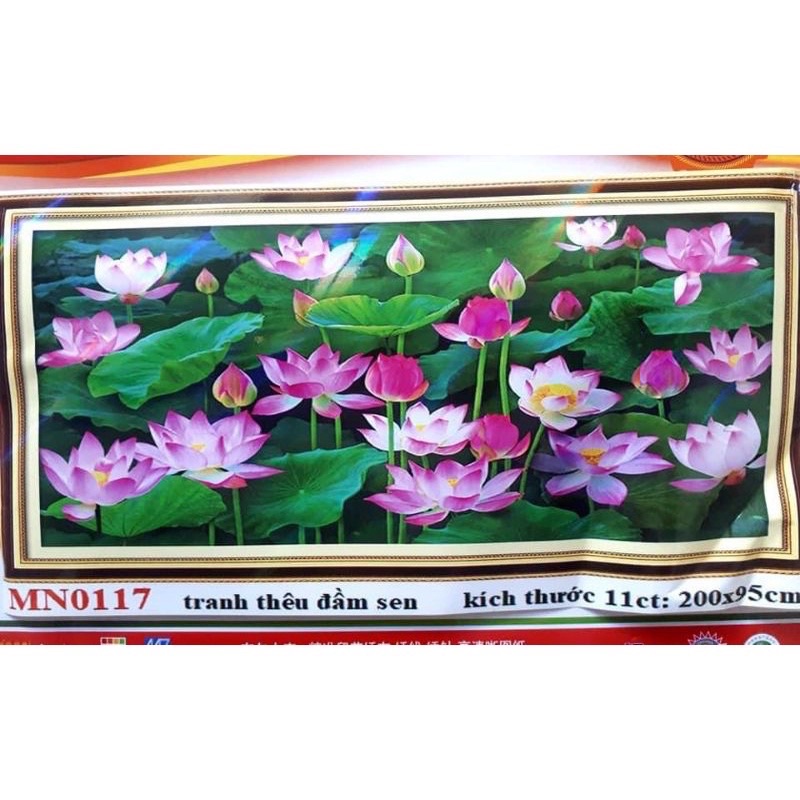 tranh thêu chữ thập phong cảnh đầm hoa sen mn0117 (200x95) -thêu kín