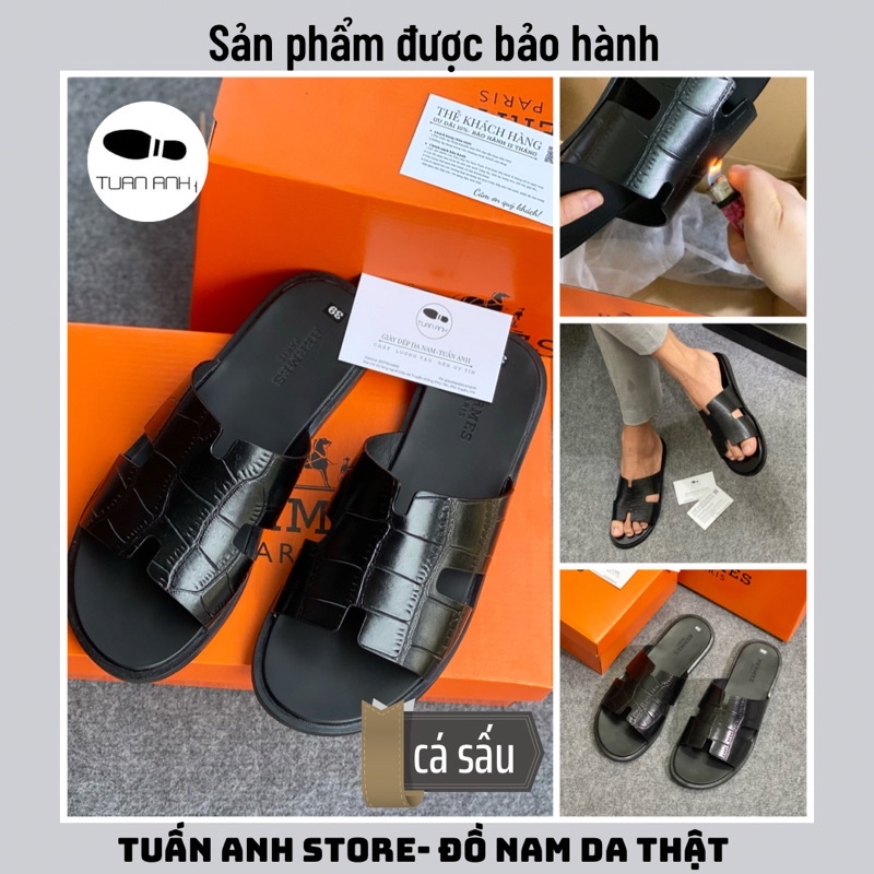 Dép da nam HM Tuấn Anh Store màu đen in vân cá sấu, da bò Nappa bảo hành 12 tháng
