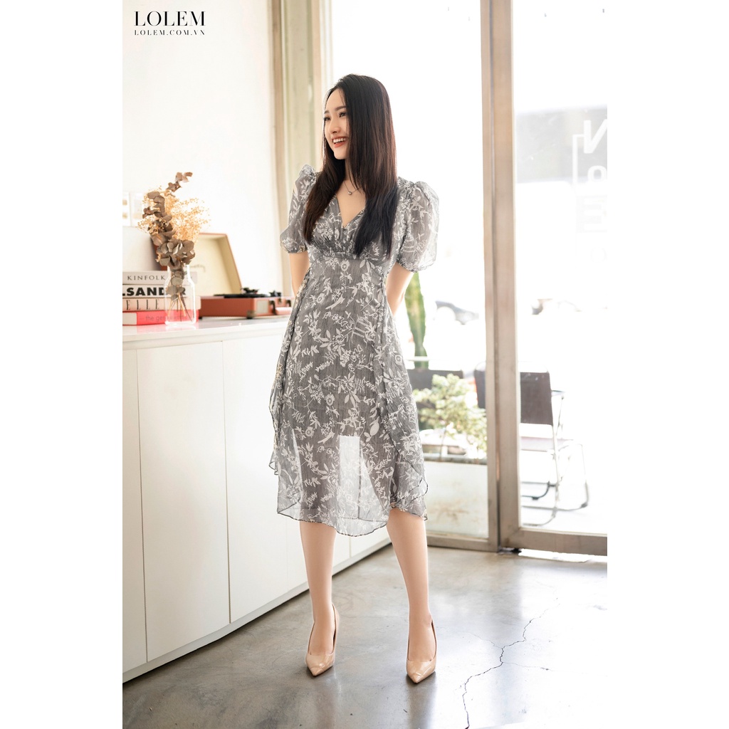 Đầm xòe dự tiệc chất liệu tơ xước in họa tiết cổ V tay con bồng LOLEM DX304