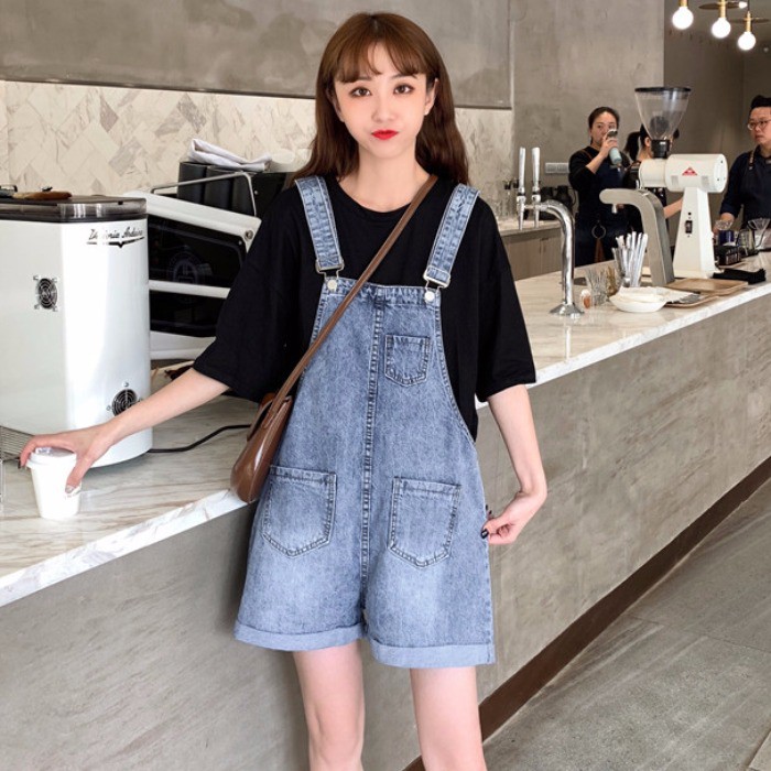 Quần yếm ulzzang quần yếm short jean rộng ống suông quần yếm bò jeans dáng ngắn kiểu hàn quốc