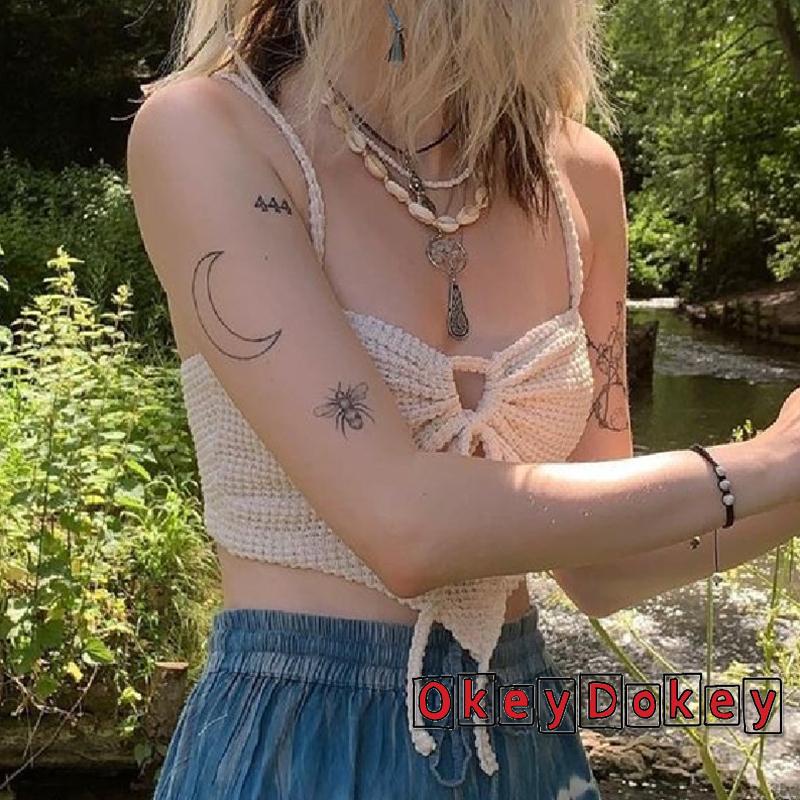 Áo Hai Dây Dệt Kim Hở Bụng Phối Nút Thời Trang Mùa Hè Cho Nữ