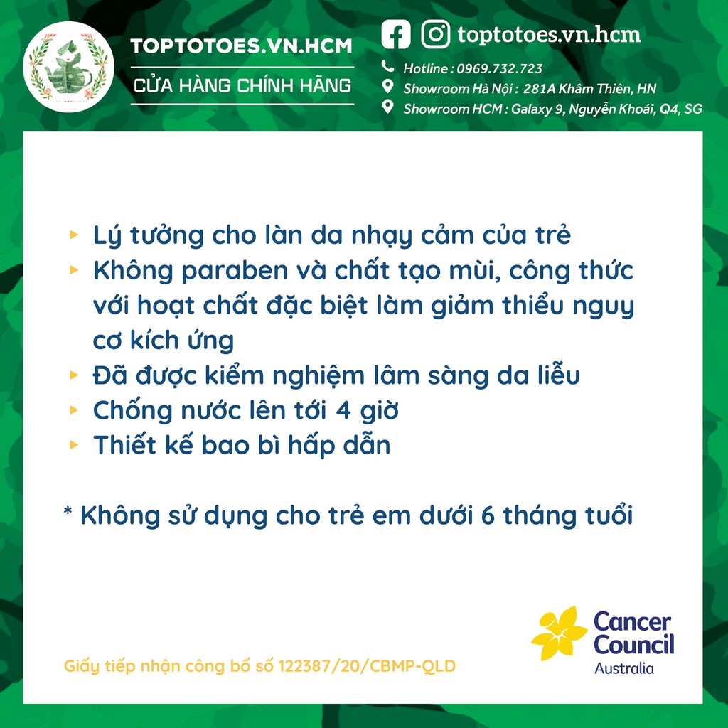 Kem chống nắng Trẻ em Cancer Council Kids SPF 50+/ PA ++++