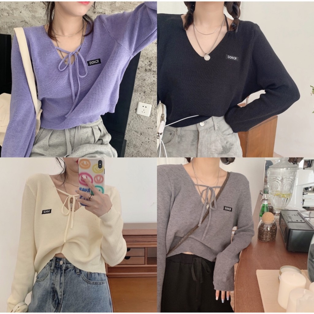 Áo thun nữ mỏng croptop tay dài cổ tim có dây buộc chất đẹp hàng quảng châu thời trang thu đông kiểu 2020